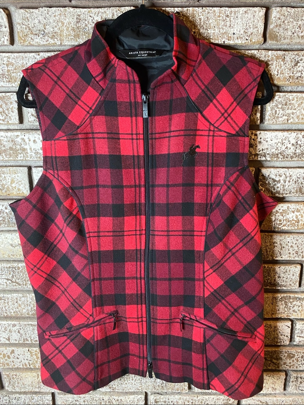 Arista Equestrian Red & Black lined Plaid Zip Vest. Made in Canada!